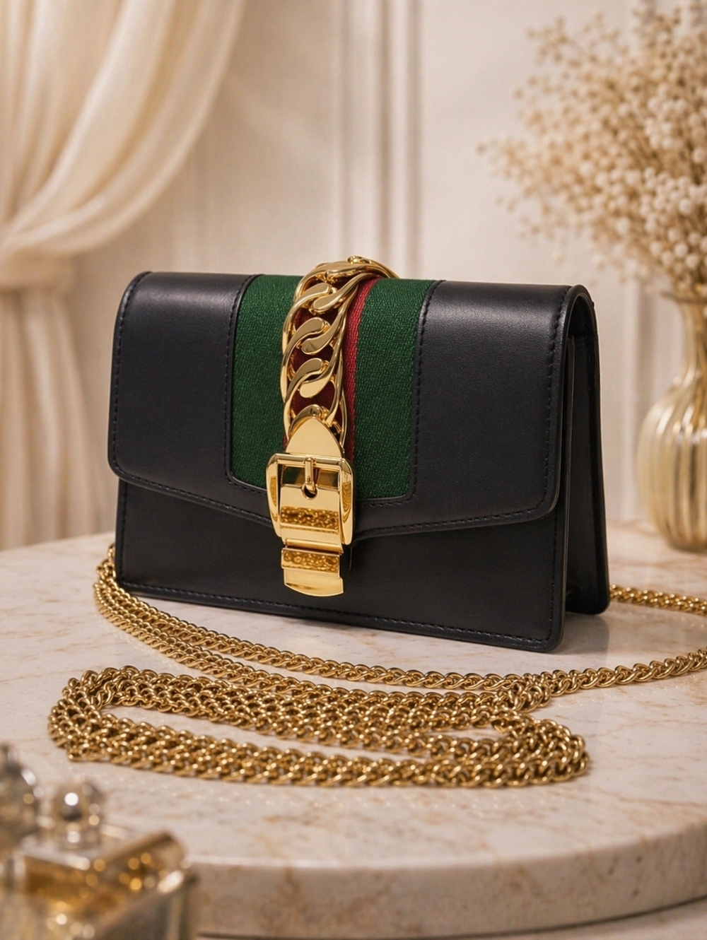 Authentic Gucci Sylvie Mini Chain Shoulder Bag Black Leather Web Stripe Gold